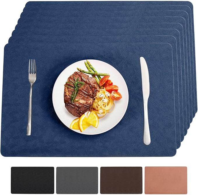 Vinyl Placemats Set of 8 Heat Resistant Easy Clean Non-Slip Place Mats for Dining Table. Faux Leather Waterproof Stain Resistant Wipeable Washable PU Table Mats(8, Blue)