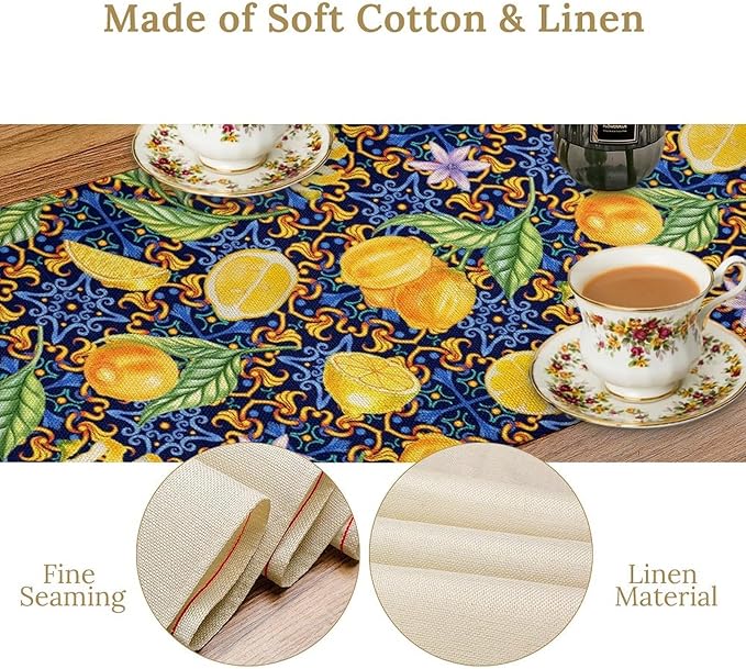 Yellow Lemon Table Runner Vintage Retro Summer Fruit Blue White Floral Printed Dining Table Decoration for Home Holiday Party Dresser Kitchen Cabin Restaurant Wedding Decor 13×90in