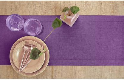 Solino Home Linen Purple Table Runner 156 Inches Long - 100% Pure Linen Extra Long Table Runner 14 x 156 Inch for Valentines, Spring, Easter - Classic Hemstitch