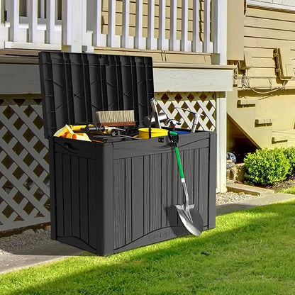 50 Gallon Plus Resin Deck Box, Waterproof Outdoor Storage Box for Patio, Poolside, and Garden, Lockable UV-Resistant Storage Bin Bench Cabinet for Small Spaces, Black