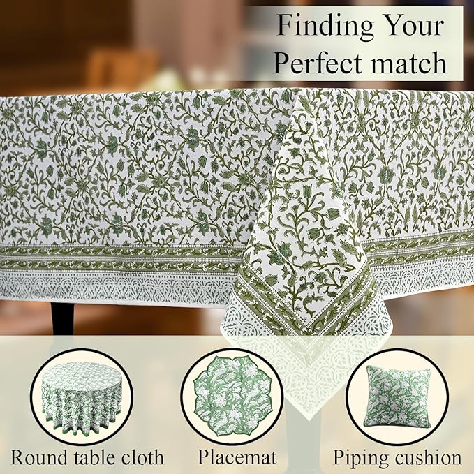 CPC Meadow Vine Tablecloth 100% Cotton 72x160 Inch Indian Block Print Rectangle Table Cover, Table Cloth for Gifting in Weddings, Halloween, Fall, Christmas, Thanksgiving