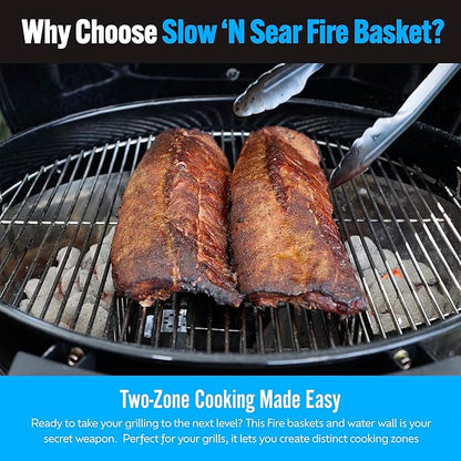 SnS Grills Slow ‘N Sear Charcoal Fire Baskets with Water Pan - Large Capacity Heavy Duty Stainless Steel Outdoor Grill Basket, Kettle Grill Accessory - Compatible with Weber and other Kettles