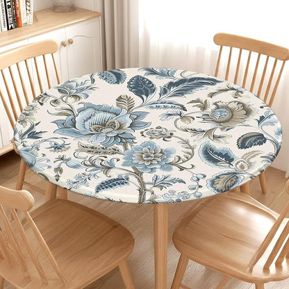 Vintage Floral Round Fitted Tablecloth with Elastic Blue Brown Chinoiserie Flower Circle Table Cloth for 48-52" Round Tables Wipeable Waterproof Elegant Rustic Table Cover for Dining Patio Picnic