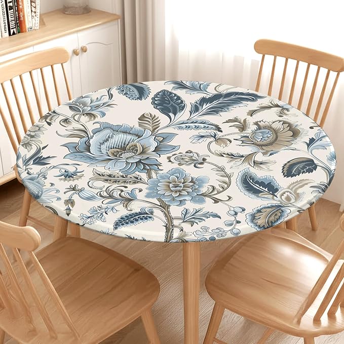 Vintage Floral Round Fitted Tablecloth with Elastic Blue Brown Chinoiserie Flower Circle Table Cloth for 40-44" Round Tables Wipeable Waterproof Elegant Rustic Table Cover for Dining Patio Picnic