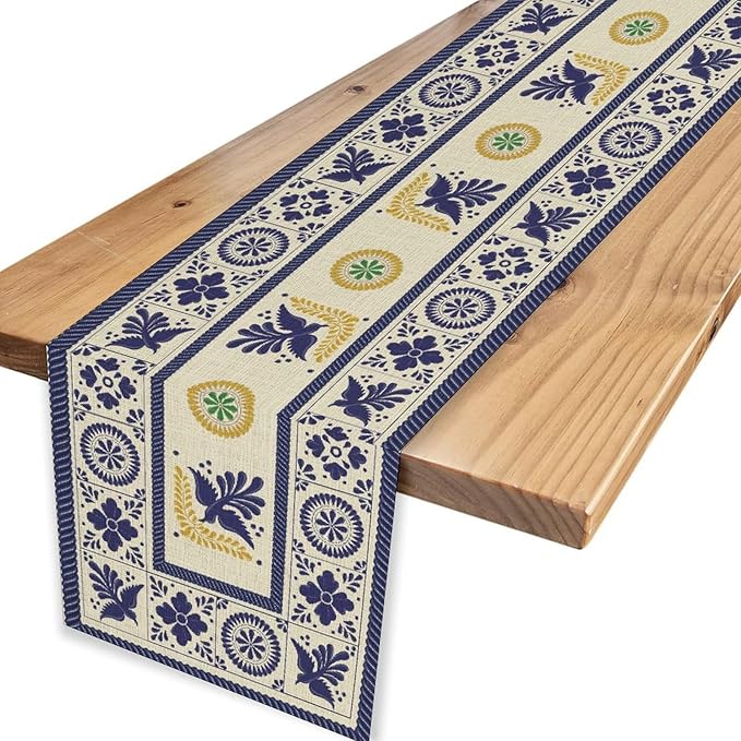 Mexican Table Runner, Blue Floral Birds Mexico Talavera Ceramic Dia De Los Muertos Coffee Table Center Decor for Family Home Kitchen and Dining Farmhouse Indoor Outdoor Table Decorations, 13" X 36"