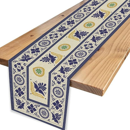 Mexican Table Runner, Blue Floral Birds Mexico Talavera Ceramic Dia De Los Muertos Coffee Table Center Decor for Family Home Kitchen and Dining Farmhouse Indoor Outdoor Table Decorations, 13" X 36"