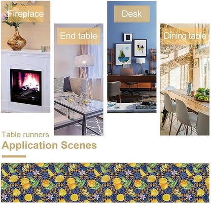 Yellow Lemon Table Runner Vintage Retro Summer Fruit Blue White Floral Printed Dining Table Decoration for Home Holiday Party Dresser Kitchen Cabin Restaurant Wedding Decor 13×108in