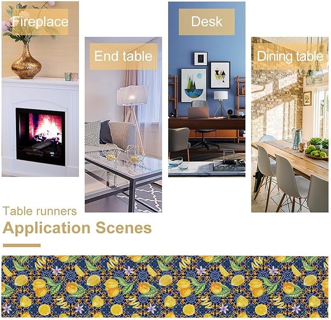 Yellow Lemon Table Runner Vintage Retro Summer Fruit Blue White Floral Printed Dining Table Decoration for Home Holiday Party Dresser Kitchen Cabin Restaurant Wedding Decor 13×70in