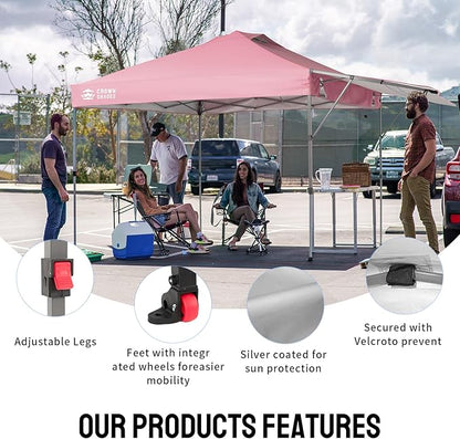 CROWN SHADES 10x10 Pop Up Canopy Tent with Patented Center Lock, Instant Commercial Canopy with Extendable Awning, 150D Silver Coated Fabric, 4 Weight Bags, Ropes, Stakes & STO ’N Go Wheeled Bag, Pink