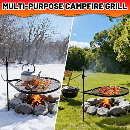 24" Fire Pit Campfire Grill Grate, 24" Foldable Open Fire Cooking Grill Portable Camping Cooking Barbecue Rack Heavy-duty, Easy Setup & Adjustable Height for Outdoor Camping BBQ