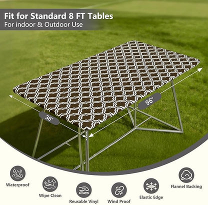 Rectangle Picnic Table Cloth, Elastic Waterproof Fitted Vinyl Tablecloths for 8 Foot Tables, Wipeable Flannel Backed Table Covers for Dining, Camping, Outdoor(Black,36"x96")