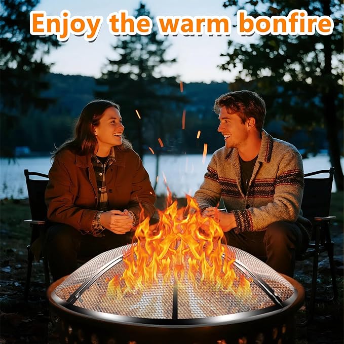 30 Inch Fire Pit Spark Screen,Stainless Steel Fire Pit Screen Cover with Handle&Poker,Outdoor Fire Pit Screen Cover Round Mesh Lid Heavy-Duty for Backyard/Beach/RV Camping