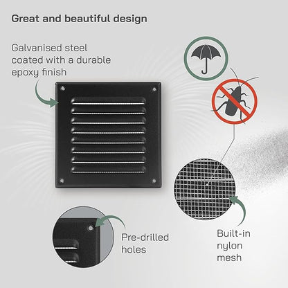 Vent Systems - 5 x 5 Inch (Inner) Black Metal Square Soffit Air Vent Grille Cover, Register Vent Deflector Louver Built-in Mesh HVAC for Bathroom Home Office Kitchen 6.5" x 6.5" (Outer)