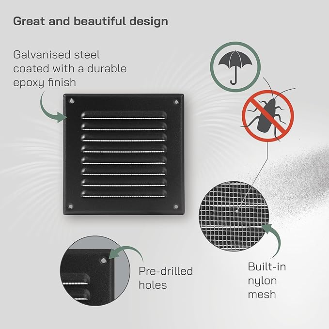 Vent Systems 5 x 5 Inch (Inner) - Pack of 10 - Black Metal Soffit Vent Cover - Durable Square Air Vent Grille with Mesh Screen - Weather Resistant Ventilation Grill - Wall & Ceiling Indoor & Outdoor