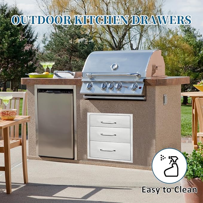 Outdoor Kitchen Drawers 16"Wx21"Hx23"D Flush Mount Access 3-Drawer BBQ Stainless Steel Drawers with Handle for Outdoor Kitchen Island or Grill Station
