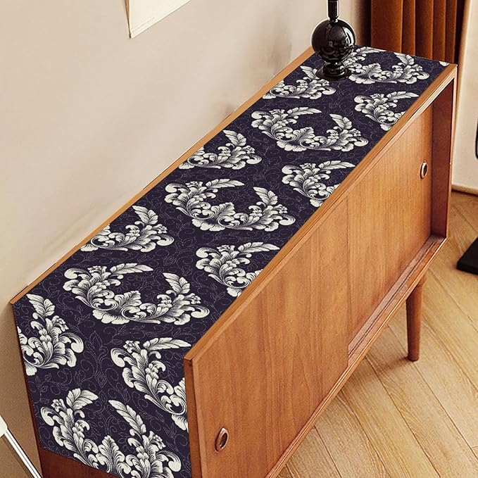 Gothic Table Runner, Antique Retro Damask Floral Bohemian Boho Purple Rustic Vintage Coffee Table Center Decor for Kitchen and Dining Outdoor Home Country Party Table Decorations, 13"x90"