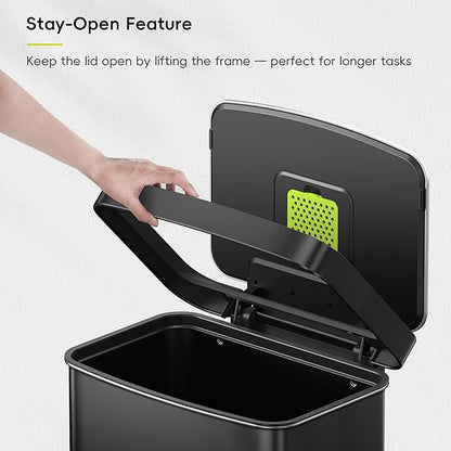 EKO Hudson 50 Liter/13.2 Gallon Kitchen Trash Can with Soft Close Lid, Stainless Steel Step Trash Can, Garbage Can with Rear Trash Bag Storage Compartment for Kitchen, Matte Black