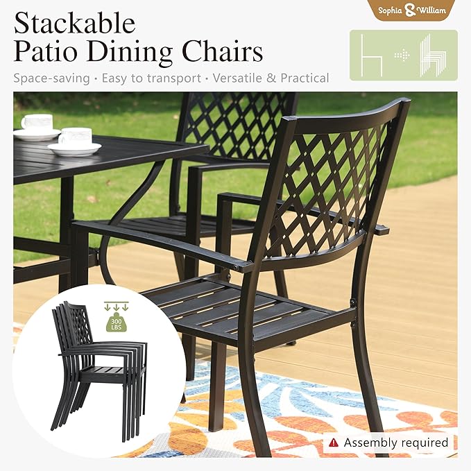 Sophia & William Metal Outdoor Patio Dining Set 6 PCS with 10ft 3 Tier Auto-tilt Umbrella(Orange Red), 4 x Metal Outdoor Chairs, 1 x Square 37"x 37" Dining Table and 1 Patio Umbrella