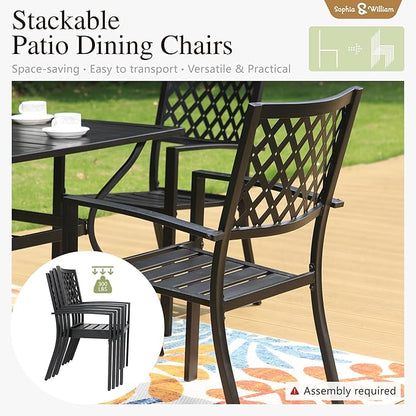 Sophia & William Metal Outdoor Patio Dining Set 6 PCS with 10ft 3 Tier Auto-tilt Umbrella(Orange Red), 4 x Metal Outdoor Chairs, 1 x Square 37"x 37" Dining Table and 1 Patio Umbrella