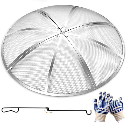Stainless Steel Fire Pit Spark Screen 22 Inch Round, Heavy Duty Outdoor Fire Pit Screen Cover with Foldable Hook & Marshmallow Sticks, Mesh Spark Protector for Backyard, Camping, Beach
