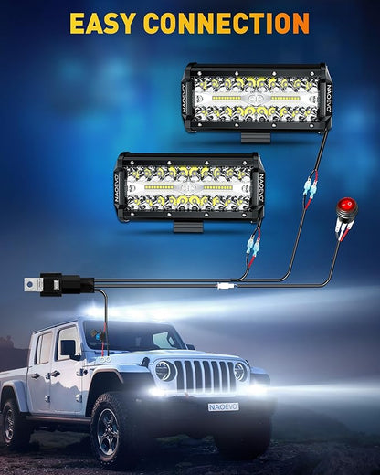 NAOEVO 7 Inch LED Light Bar, 240W 24,000LM Offroad Fog/Driving Lights LED Pods with 2 Leads Wiring Harness Kit, Spot Flood Combo Beam, Work for Truck Boat UTV ATV, 2-Pack (White)