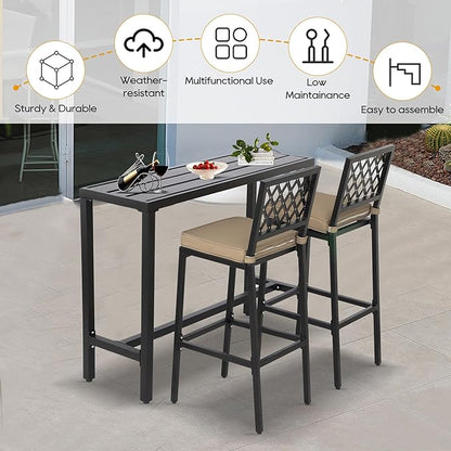 Outdoor Patio Bar Set, Bar Height Patio Dining Set, Weather-Resistant Bistro Counter Pub Set with Cushions & Slatted Tabletop for Backyard, Garden, Yard (47" Table, 2 "X Style Stool, Black)