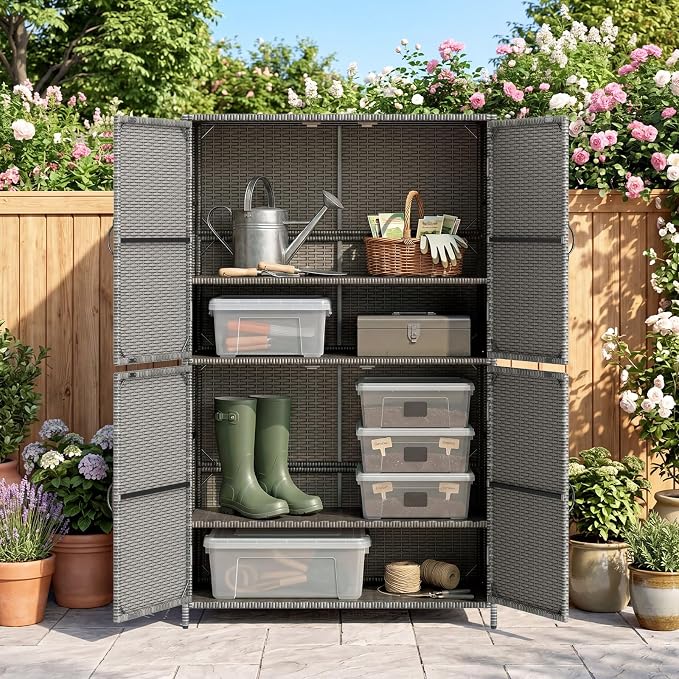 Tangkula Rattan Outdoor Storage Cabinet, Patiojoy Outdoor Cabinet - Image 2