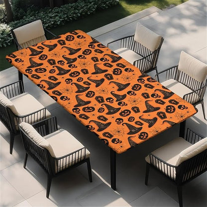 Rectangle Table Cloth Cover Waterproof Elastic Fitted Polyester Fitted Tablecloths for 8 Foot Tables for Indoor,Picnic, Camping, Outdoor （96" x 30"，Halloween Tablecloth）