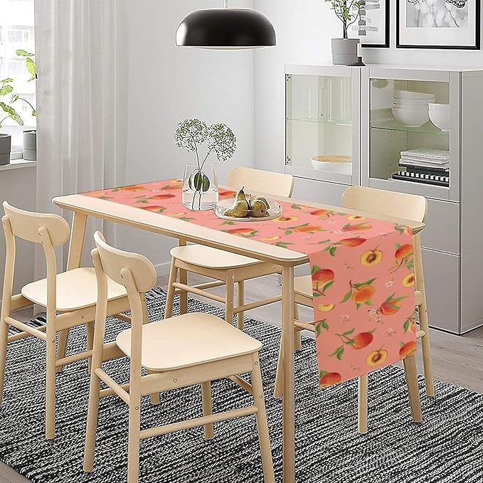 Pink Cute Peach Table Runner, Colorful Summer Fruit Floral Table Runner for Kitchen Dining Party Holiday Home 13x120in