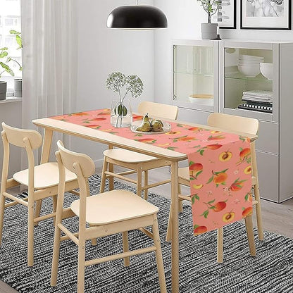 Pink Cute Peach Table Runner, Colorful Summer Fruit Floral Table Runner for Kitchen Dining Party Holiday Home 13x108in