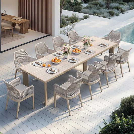 PURPLE LEAF 11 Pieces Patio Dining Set Aluminum Modern Rectangular Table and Rattan Arm Chairs with Cushions for Kitchen Porch Garden Outdoor Furniture Sets, Champagne
