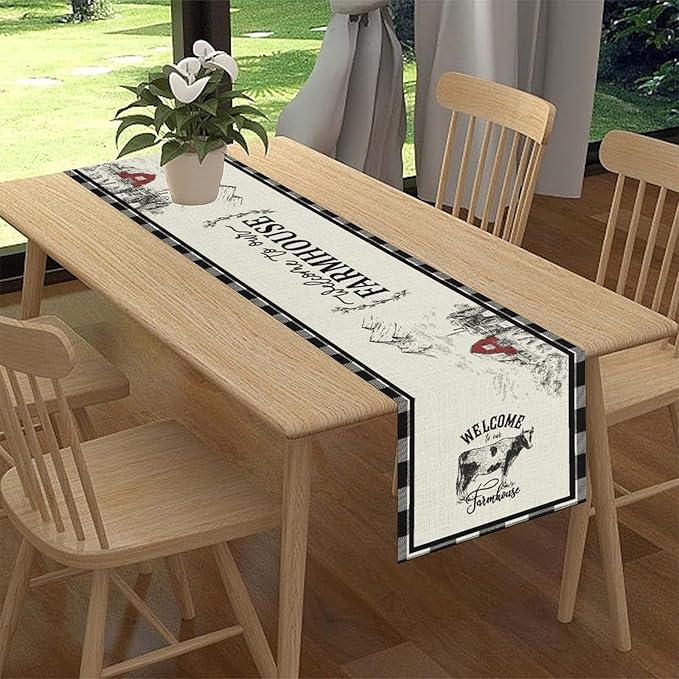 Farmhouse Table Runner, Rustic Country Barn Cottage Rooster Cow Check Animal Plank Coffee Table Center Decor for Home Kitchen Dining Patio Holiday Party Indoor Outdoor Table Decorations 13"x108"