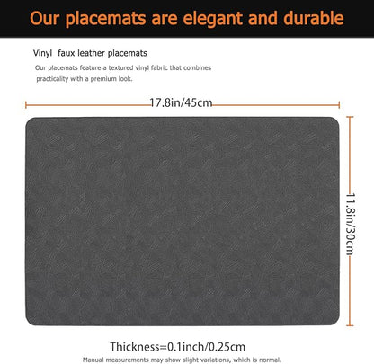 Vinyl Placemats Set of 6 Faux Leather 100% Waterproof Wipeable Washable Place Mats Heat Resistant Easy Clean Non-Slip Table Mats for Indoor Outdoor. (6,Gray)