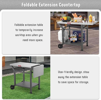 Movable Grill Table with Folding Side Table, Pizza Oven Table as BBQ Food Prep Cart with Undershelf for Outdoor & Indoor Use, 43" L x 20" W Stainless Steel Tabletop, Gray