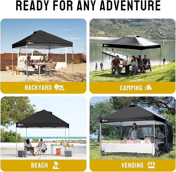 CROWN SHADES 8x8 Pop Up Canopy, Patented Center Lock One Push Instant Popup Outdoor Canopy Tent, Newly Designed Storage Bag, 8 Stakes, 4 Ropes, Silver-Coated Black