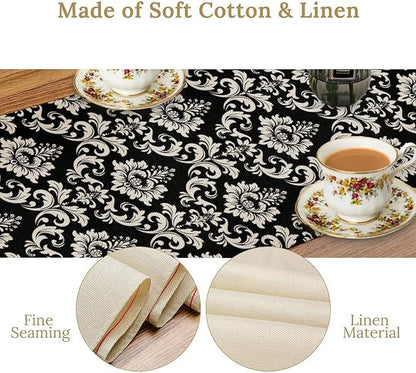 Black Damask Table Runner, Rustic Gothic Baroque Style Floral Boho Flower Antique Coffee Vintage Retro Table Center Decor for Kitchen and Dining Outdoor Home Country Party Table Decorations, 13"x90"