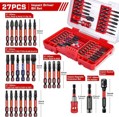 27Pieces Impact Screwdriver Bits Set, Magnetic S2 Steel Phillips/Slotted/Square/Torx Insert Power Bits Tips, Impact Bit Holder and Impact Socket Adapte with Pink Storage Box Case