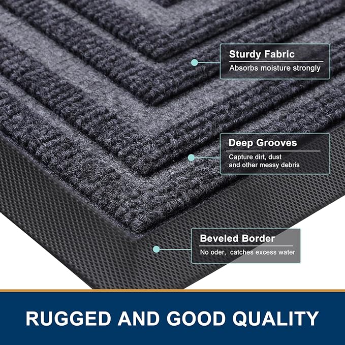 Buganda Front Door Mat Indoor Outdoor Entrance, Non-Slip Natural Rubber Doormats, Easy Clean, Low Profile, Dirt Trapper Entryway Floor Mats for Outside, Garages and Patios, 47x24, Grey