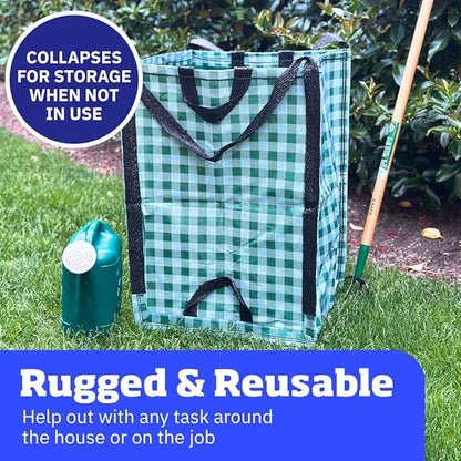 DURASACK Heavy Duty Home and Yard Bags 48-Gallon Reusable Self-Standing Lawn and Leaf Bags Garbage Can with Reinforced Handles, Gingham Green, 3 Pack