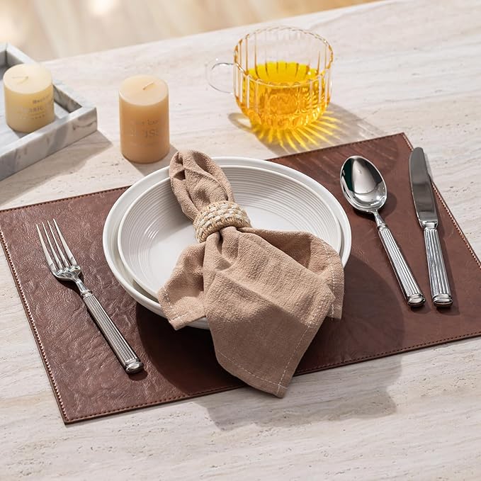 Faux Leather Placemats Set of 8 Vinyl Washable Wipeable Table Mats for Kitchen Dining Table Heat Resistant Waterproof Indoor/Outdoor Placemats Non-Slip Easy Clean Place Mats (Reddish Brown)