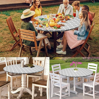 2 Pcs Round Picnic Tablecloth, Waterproof Elastic Fitted Table Covers, Elastic Edge Table Cover Indoor Outdoor Round Fits 43"-55" Round Table Cloth, Oilproof Wipeable Protector for Camping (Grey)