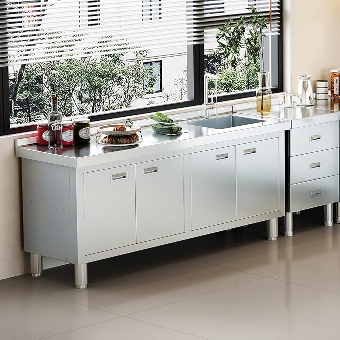WWK 59" x 21" Stainless Steel Sink with Cabinet, Freestanding Utility Sink Laundry Sink, Heavy Duty Commercial Kitchen Sink for Outdoor, Restaurant, Hotel, Cafe, and Garage, 21D x 59W x 35H inches