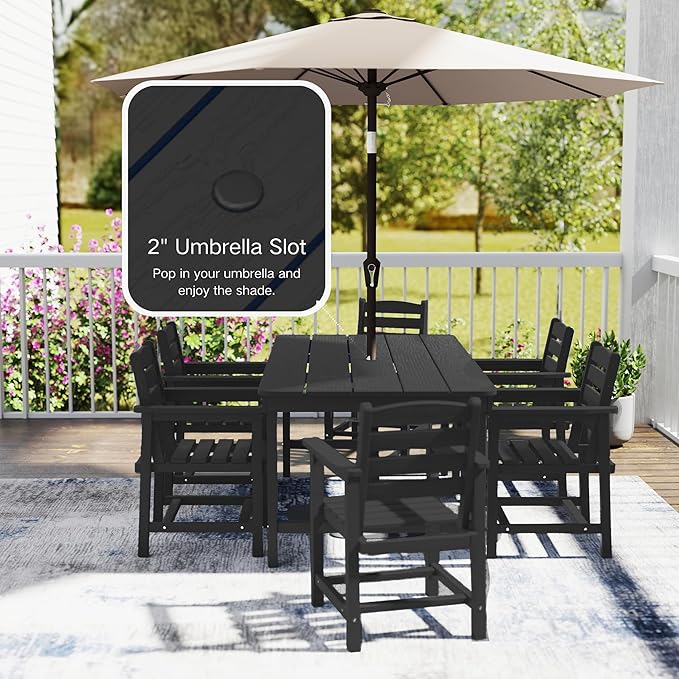 7 Piece Patio Dining Set with 11ft Patio Umbrella (Rose Pink), 7 Black Outdoor HDPE Dining Set with 6 Chairs + 1 Large Table, for Market, Pool, Garden, Backyard, Deck