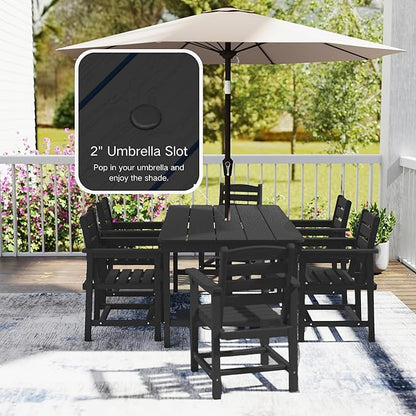 7 Piece Patio Dining Set with 11ft Patio Umbrella (Cream-White), 7 Black Outdoor HDPE Dining Set with 6 Chairs + 1 Large Table, for Market, Pool, Garden, Backyard, Deck