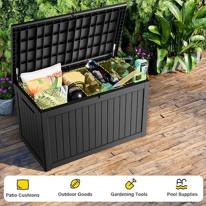 280 Gallon Waterproof Outdoor Storage Box, UV Resistant Resin Deck Box with Hydraulic Rod for Reinforced Stability, Perfect for Patio, Garden, and Pool, Striped Black