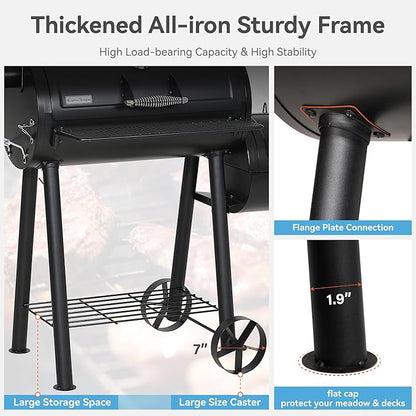 GREEN PARTY Offset Smoker Charcoal Grills with 28 Inch Cook Chamber, Barrel Smoker and Charcoal Grill Combo, 512 Sq. In. Space Barrel Smoker Grill for Outdoor BBQ Patio Backyard Cooking