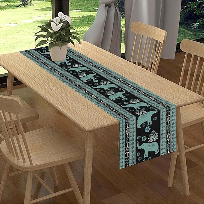 African Tribal Table Runner, Boho Elephants Tribal Traditional Indian Diwali Animal Blue Ethnic Rustic Coffee Table Center Decor for Home Kitchen Holiday Party Outdoor Table Decorations, 13"x36"
