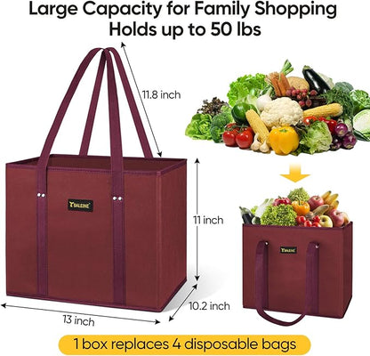 BALEINE 3Pk Reusable Grocery Bags, Foldable Shopping Bags for Groceries with Reinforced Bottom & Handles (Red)
