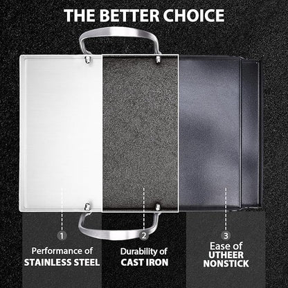 Utheer 16.5" x 10" Ceramic Nonstick Stainless Steel Griddle for Gas, Charcoal & Grill, Large Stove Top Griddle, Non-Toxic, PFAS/PFOA/PTFE Free, Oven Up to 500°F, for BBQ, Camping & Kitchen