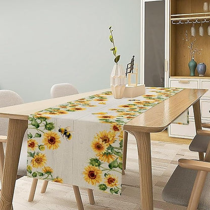 Sunflower Table Runner, Yellow Floral Flower Butterfly Country Rustic Table Runner for Outdoor Home Party Kitchen Dining Holiday 13x108in